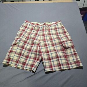 new Charleston Twills Cargo Shorts‎ Mens 36 Red Blue Plaid 100% Cotton